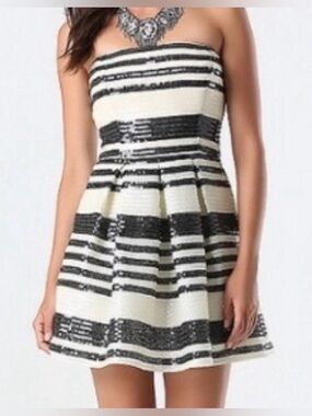 Bebe Ivory and Black Striped Monochrome Sequin Strapless Mini Dress